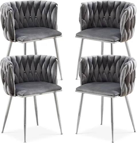 Miniatura 26 de Juego de 2 sillas de comedor de terciopelo, sillas laterales tapizadas tejidas con patas de metal plateado, Sillas de Comedor 2, sillas decorativas