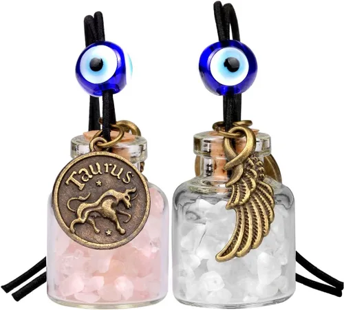 Miniatura 12 de Zodiac Birthstone Car Charms for Rearview Mirror Hanging - Two Gemstone Good Luck Bottles with Evil Eye Protection Bead and Guardian Angel Wing