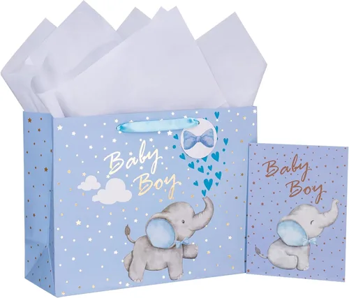 Miniatura 11 de Loveinside Bolsa de regalo de koala gris bebé con papel de seda y tarjeta de felicitación para baby shower, nuevos padres y más, 16 x 6 x 12