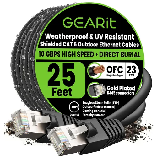 Miniatura 25 de GEARit Cable Ethernet Cat6 para exteriores (75 pies), 23AWG cobre puro, FTP, LLDPE, impermeable, enterramiento directo, subterráneo, resistente a