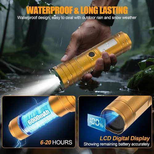 Miniatura 5 de Linternas recargables Limalnicy de alto lúmen 10000 de larga duración, 4 modos con luz COB lateral, súper brillante linterna LED con entrada