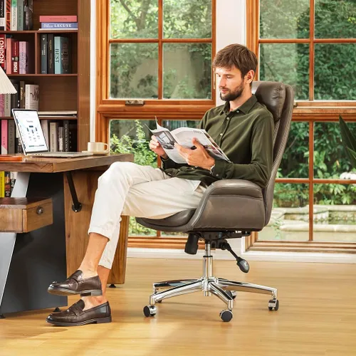 Glitzhome Mid-Century - Silla de oficina giratoria ajustable de piel sintética con respaldo alto, silla de trabajo ajustable con soporte lumbar para