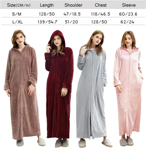 Miniatura 7 de Hellomamma Bata de baño larga con capucha y cremallera para mujer, bata de franela de forro polar, abrigo de invierno cálido para el hogar, camisón