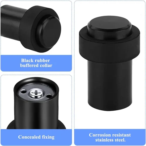 Miniatura 2 de Tope cilíndrico para puerta de montaje en suelo o pared, 1.8 pulgadas de altura, tope de puerta de acero inoxidable, goma negra, paquete de 4 Negro