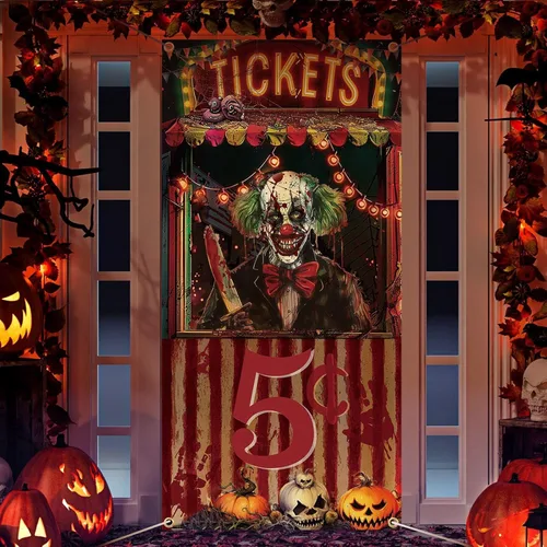 Preboun Decoraciones de carnaval de Halloween, cubierta de puerta de Halloween, accesorio para taquilla de boletos de circo, cartel espeluznante