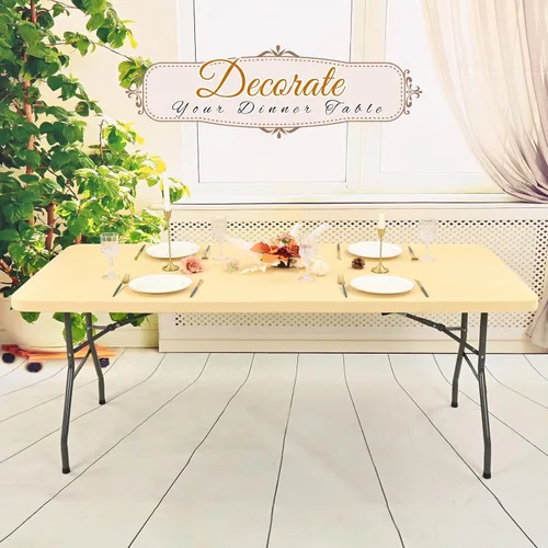 Miniatura 5 de Paquete de 6 fundas de tela elástica para mesa, color beige, para mesas de 8 pies, protector de mantel rectangular universal lavable y elástico
