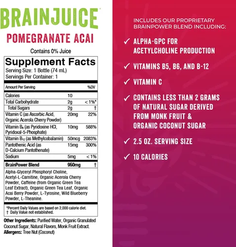 Miniatura 3 de BrainJuice Disparo de apoyo cerebral, suplemento sin gluten para energía y concentración, bebidas saludables con Alpha GPC, vitamina B, 2.5 onzas