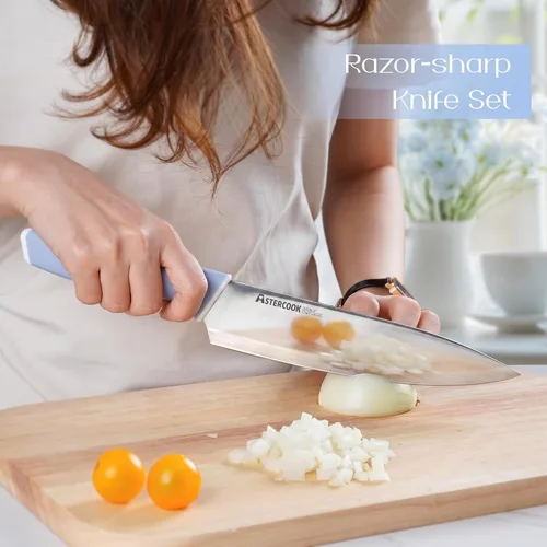 Miniatura 2 de Astercook - Juego de cuchillos de cocina con bloque y afilador de 15 piezas. Cuchillos alemanes de acero inoxidable de alta carbono con Azul
