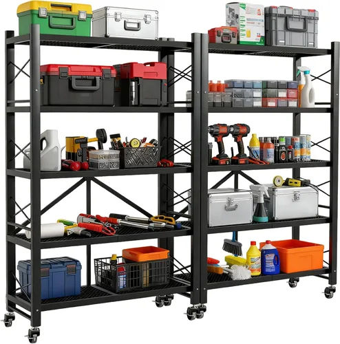 Miniatura 9 de Grezone Estantes plegables de 3 niveles de almacenamiento de metal resistente con ruedas – No se ensambla unidad de estantería plegable para cocina