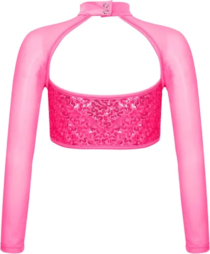 Miniatura 2 de YiZYiF Camiseta deportiva de manga larga con lentejuelas para niños y niñas, estilo hip hop, danza, cuello alto falso, ropa deportiva