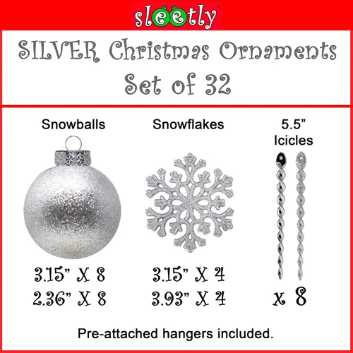 Miniatura 2 de Adornos de Navidad Plateados – 32 Piezas de Decoraciones Plásticas Irrompibles para Árbol Navideño, 16 Bolas de Nieve con Purpurina (3.15"/2.36"), 8