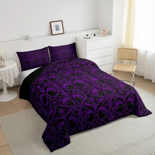Miniatura 5 de Erosebridal Juego de edredón floral de color morado y negro degradado para niñas y mujeres, tamaño Queen, juego de ropa de cama gótico barroco