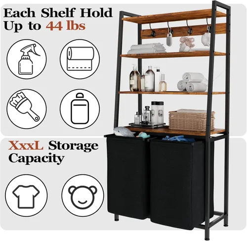 Miniatura 6 de Furnulem Organizador de Ropa de 4 Niveles con Estante y Ganchos, Cesta de Lavandería Alta Clasificadora con 2 Bolsas Removibles, Organizadores