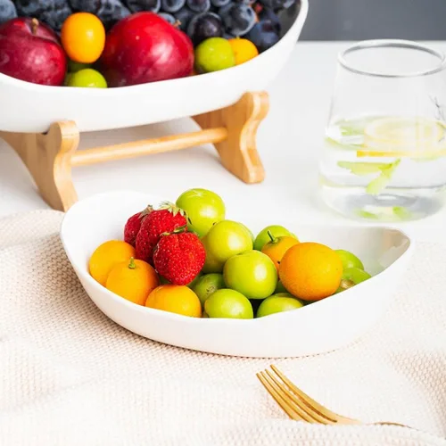Miniatura 4 de jessie Cesta de frutas de 3 niveles, soporte de cerámica de gran capacidad, bandeja de bambú para servir frutas, aperitivos, nueces, pan, dulces