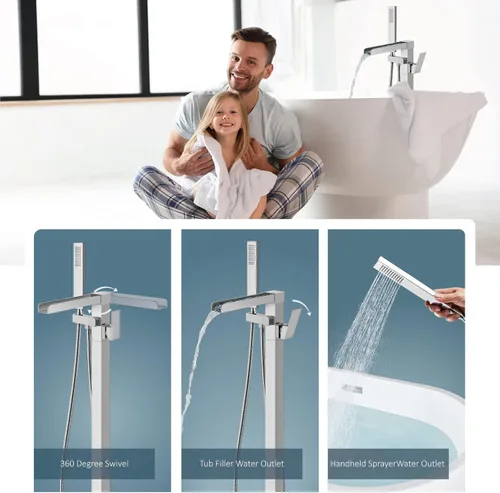 Miniatura 2 de Aolemi Grifo de bañera independiente para montaje en el piso, relleno de bañera de latón de una sola manija, grifo de bañera de pie con rociador