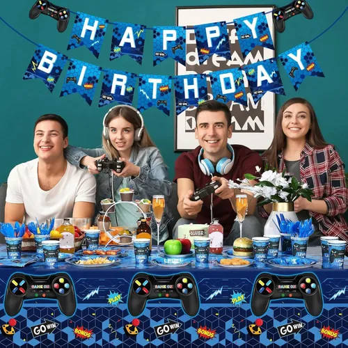 Miniatura 5 de Tiamon 172 piezas de decoración de fiesta de videojuegos – Sirve 24 suministros de vajilla de fiesta de juegos que incluyen pancartas de feliz