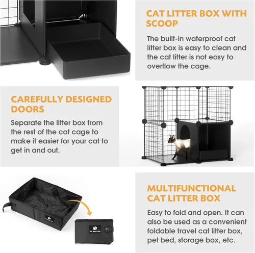 Miniatura 6 de PAWING Recinto para gatos para interiores con caja de arena, jaula de alambre de metal de 3 niveles, diseño desmontable para gatos, gatitos