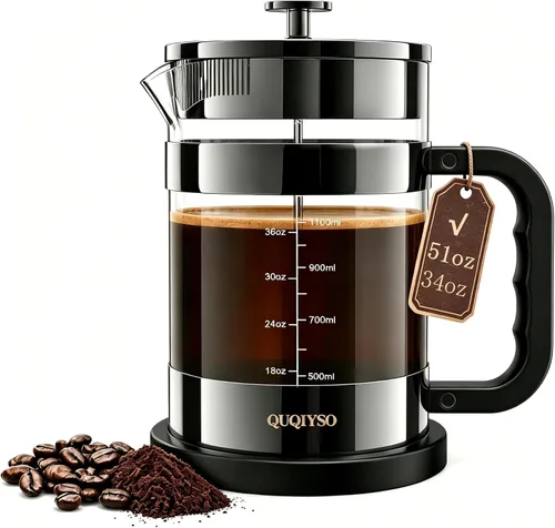Miniatura 11 de QUQIYSO Cafetera de prensa francesa de acero inoxidable 304 con 4 filtros, resistente al calor, duradera, fácil de limpiar, prensa de café de vidrio