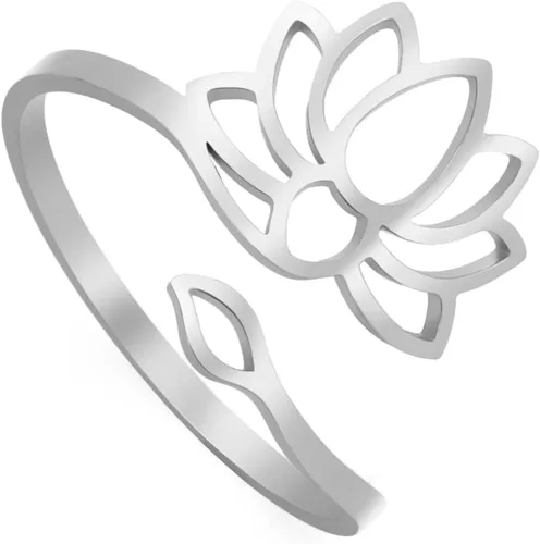 kkjoy Anillo de yoga de flor de loto de acero inoxidable con diseño de loto ajustable, anillo de dedo abierto, regalo inspirador para mujeres y