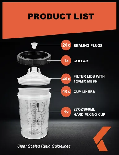 Miniatura 2 de KREFINISH Rociador de pintura desechable para mezclar vasos y sistema de tapa para pistola de pulverización HVLP, kit de pistola de pintura de coche