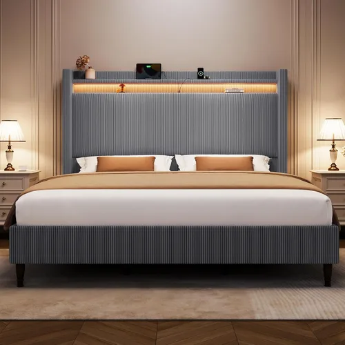 Miniatura 21 de Base de cama tamaño King con cabecera alta, base de cama tapizada con estación de carga y luces LED, moderna cabecera de almacenamiento con respaldo