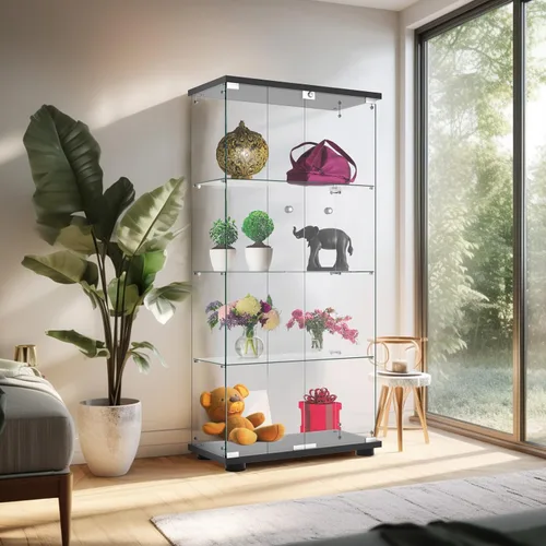 Miniatura 3 de FANYUSHOW Vitrina de cristal con doble puerta y cerradura, estilo de instalación rápida, gabinete Curio de 4 estantes de vidrio templado de 5mm