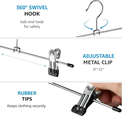 Miniatura 6 de Zober Perchas de metal para faldas – Paquete de 10 perchas para pantalones con clips – Perchas apilables para ahorrar espacio – Clip ajustable