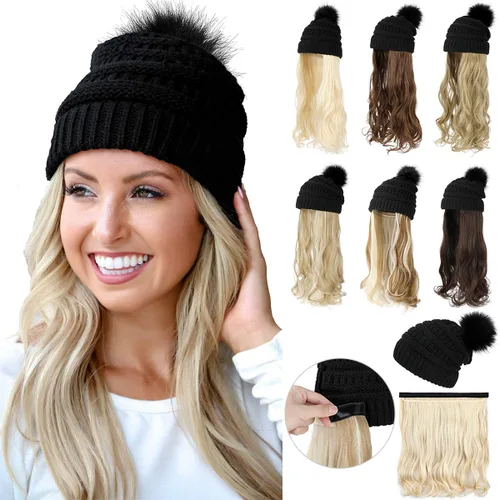 Qlenkay Gorro Beanie con Extensiones de Cabello Largo Ondulado y Rizado Gorra de Punto Adjunta Peluca Sintética de 20 Pulgadas Pieza de Cabello