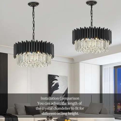 Miniatura 3 de Candelabro de cristal negro de 20 pulgadas, K9, luces colgantes redondas, ajustables, de 4 niveles, gran lámpara de cristal moderna, 6 luces