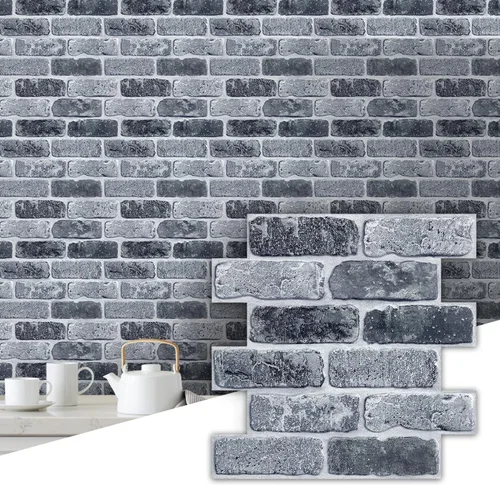 Miniatura 21 de Commomy 10 piezas de paneles de pared de ladrillo sintético 3D de 11.8"X11.8", azulejos de ladrillo de PVC de tamaño pequeño para despegar y pegar