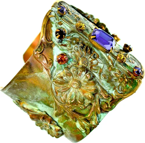 Miniatura 2 de Elaine Coyne Collectible Artwear Olive Patina Brass Zinnia Flowers Wide Cuff - Auténticos cristales de cristal, Cristal