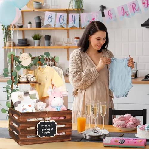 Miniatura 7 de Caja de madera para baby shower con asa y guirnalda, cestas de gran capacidad para baby shower, cestas de baby shower de fácil montaje