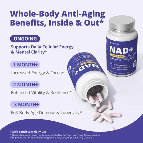Miniatura 6 de Suplementos NAD+ para mujeres — Multi-Pathway NMN 250 mg, NR 100 mg, resveratrol, PQQ y betaína para energía celular, enfoque y salud metabólica, 60