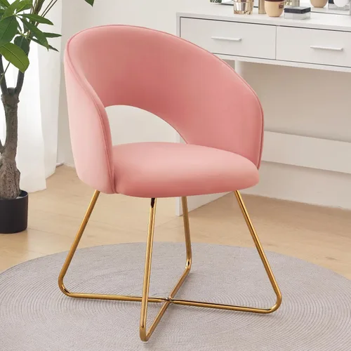 Miniatura 14 de Furniliving Silla de tocador beige, silla de terciopelo para sala de estar, sillas de concha con patas de madera, silla de maquillaje