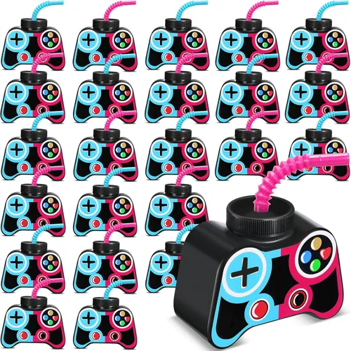 Miniatura 12 de Mifoci 24 vasos de plástico para fiestas de videojuegos con pajita y tapa, tazas de 10 onzas con temática de cumpleaños para jugadores, 7º recuerdos
