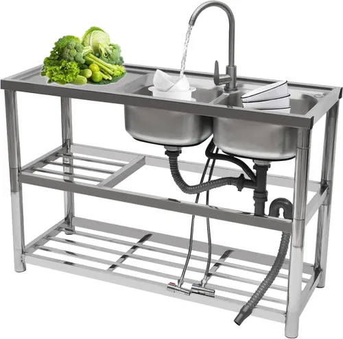 Miniatura 13 de Juego de fregadero de acero inoxidable 304 comercial con grifo para garaje, restaurante, cocina, lavandería, al aire libre, 47.2 pulgadas de ancho x