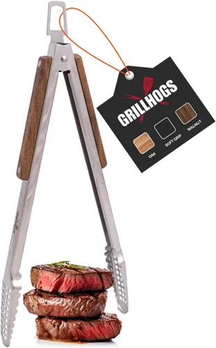 Miniatura 9 de Pinzas para barbacoa de acero inoxidable 18/0 de 9 pulgadas con mango ergonómico de madera de roble real para cocinar, accesorio duradero