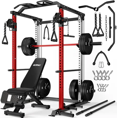Miniatura 32 de DP01 - Jaula de potencia, estante para sentadillas de 2000 libras con cable cruzado y sistema de polea doble independiente, jaula completa para Rojo