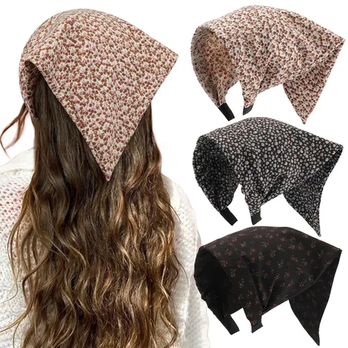 HAIMEIKANG Floral Bandana Headbands for Women Boho Hair Bandanas Scarf Triangle Kerchief Hair Bands Vintage Head Scarf(Beige + Blue + Brown)