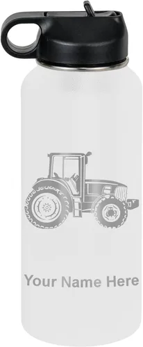 Miniatura 36 de LaserGram Botella de agua personalizada, tractor agrícola, acero inoxidable de doble pared aislada al vacío con popote superior, regalo grabado