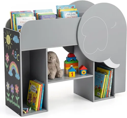 Costzon Estantería elefante para niños, organizador de almacenamiento de juguetes de 3 niveles con pizarra, 5 cubos y juguete de ábaco de 3 filas,