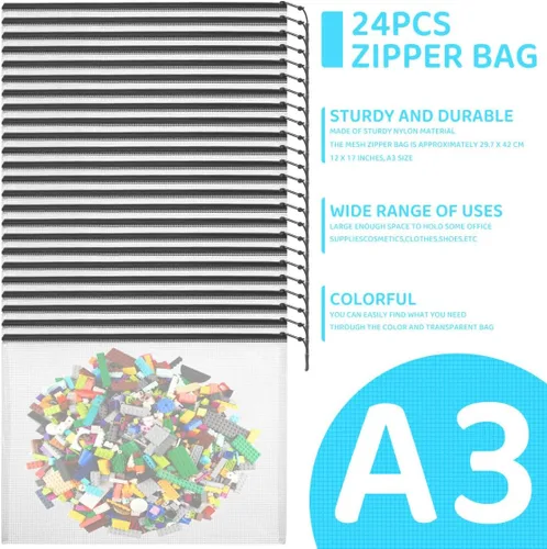 Miniatura 7 de YOPCDJ 24 bolsas de malla con cremallera, grandes bolsas A3 de 17 x 12 pulgadas, reutilizables, organizador de almacenamiento de rompecabezas, Negro