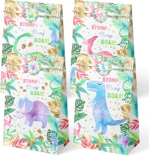 Paquete de 24 bolsas de recuerdo de fiesta de dinosaurios para niñas con calcomanías, bolsas de regalo de dinosaurio de acuarela rosa para