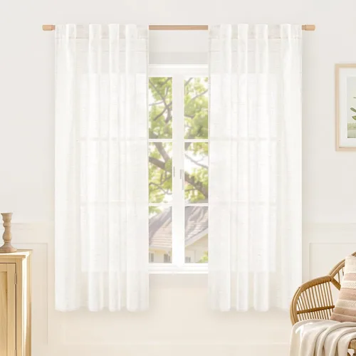Miniatura 12 de LAMIT Cortinas de lino beige de 30 pulgadas de largo para ventanas pequeñas, cortinas semitransparentes filtrantes de luz, pestaña trasera