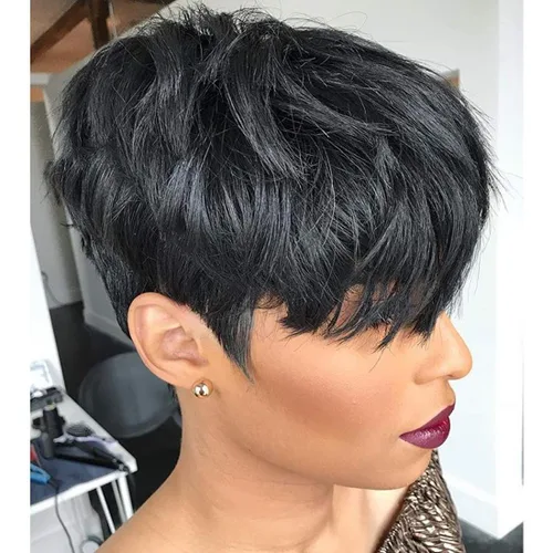 Pelucas cortas de cabello humano, corte estilo pixie, con flequillo, pelucas onduladas en capas de color negro para mujeres, color 1B