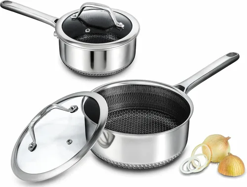 Miniatura 9 de Cacerola híbrida antiadherente de 1.5 cuartos de galón con tapa, olla de panal de acero inoxidable con dos boquillas de vertido, compatible