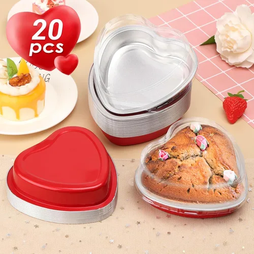 Miniatura 7 de Moldes grandes en forma de corazón para hornear, 20 juegos de recipientes desechables de papel de aluminio de 9 onzas con tapas, molde