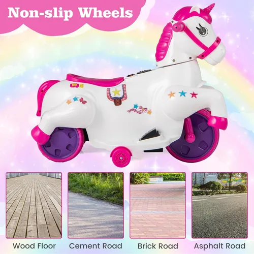 Miniatura 8 de OLAKIDS 2 en 1 motocicleta y caballo, unicornio de 6 V, juguete de paseo con batería con función de arriba y abajo, MP3, pantalla de potencia, Rosa