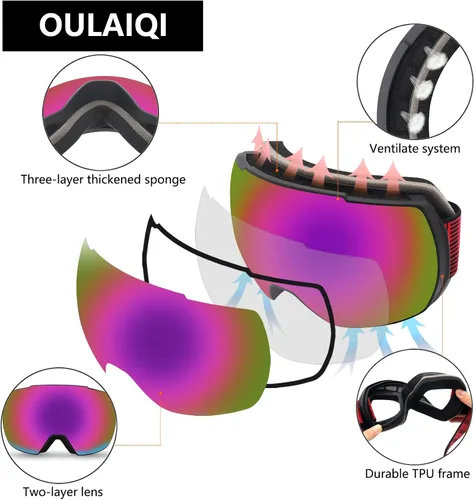 Miniatura 6 de OULAIQI Gafas de esquí de nieve, protección OTG UV400, anti niebla, esquí, patinaje, snowboard, gafas de snowboard para hombres, mujeres y jóvenes