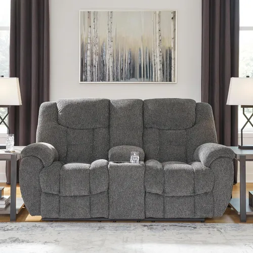 Miniatura 2 de Signature Design by Ashley Foreside - Sofá biplaza reclinable manual resistente a las manchas con consola, almacenamiento y portavasos, color gris